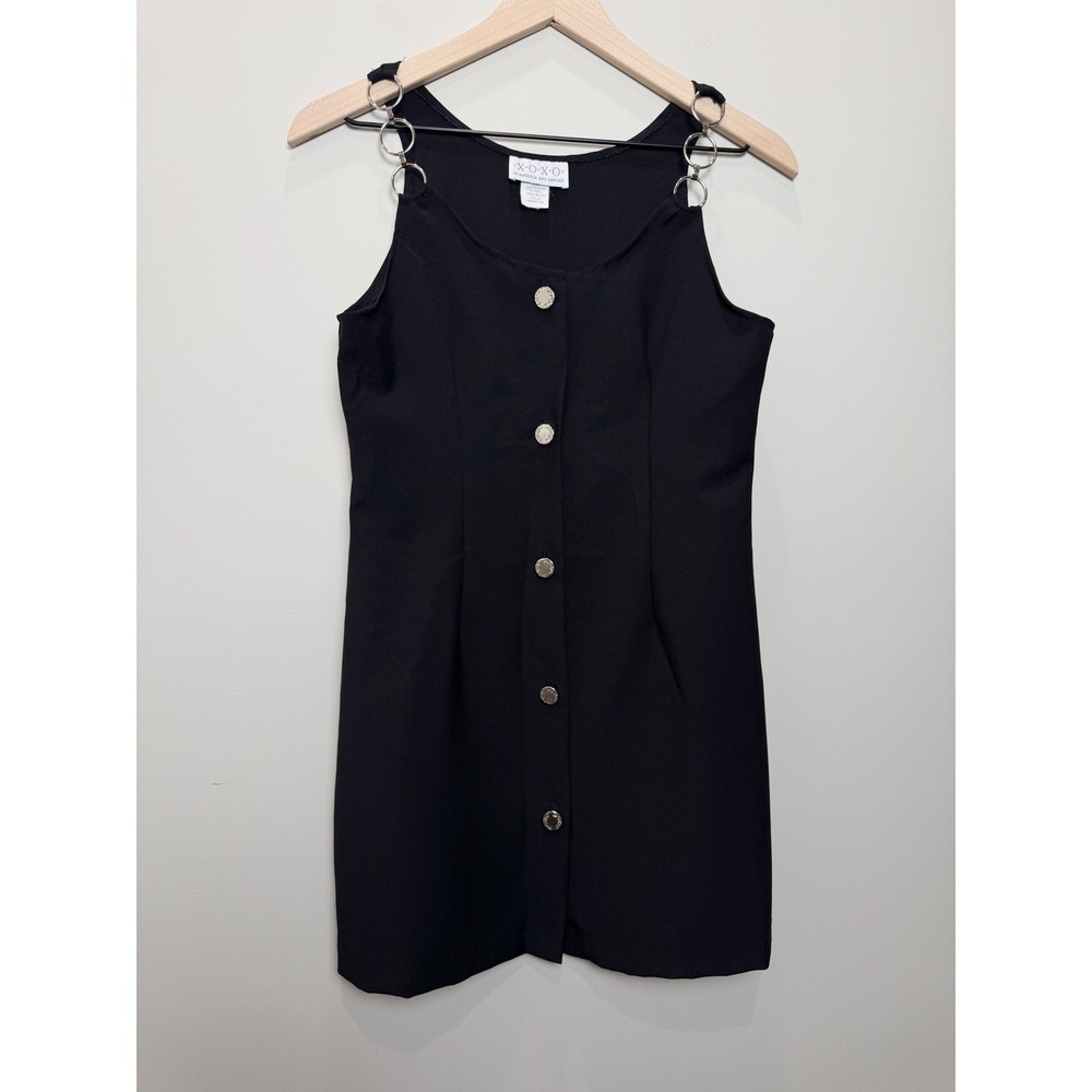 VTG XOXO Black Front Mini Shift Dress Silver Ring Straps‎ 90s Y2K Size XS / S